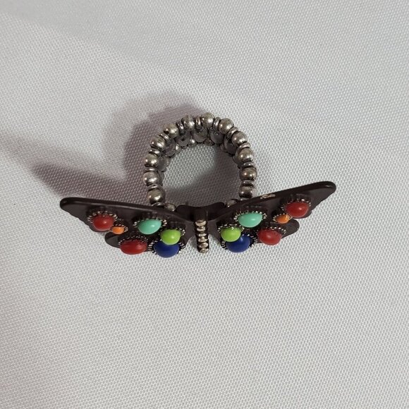 Butterfly Stretch Ring With Multicolor Faux Stones & Beaded Stretch Band - Picture 9 of 9